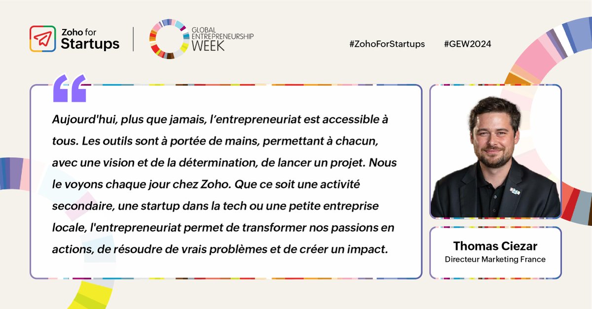 A l'occasion de la GEW, Semaine mondiale de l'entrepreneuriat, nous avons demandé à Thomas Ciezar, Directeur marketing de Zoho France, son avis sur le sujet et comment Zoho peut accompagner les personnes qui lancent leur projet. 

#ZohoForStartups #GEW2024