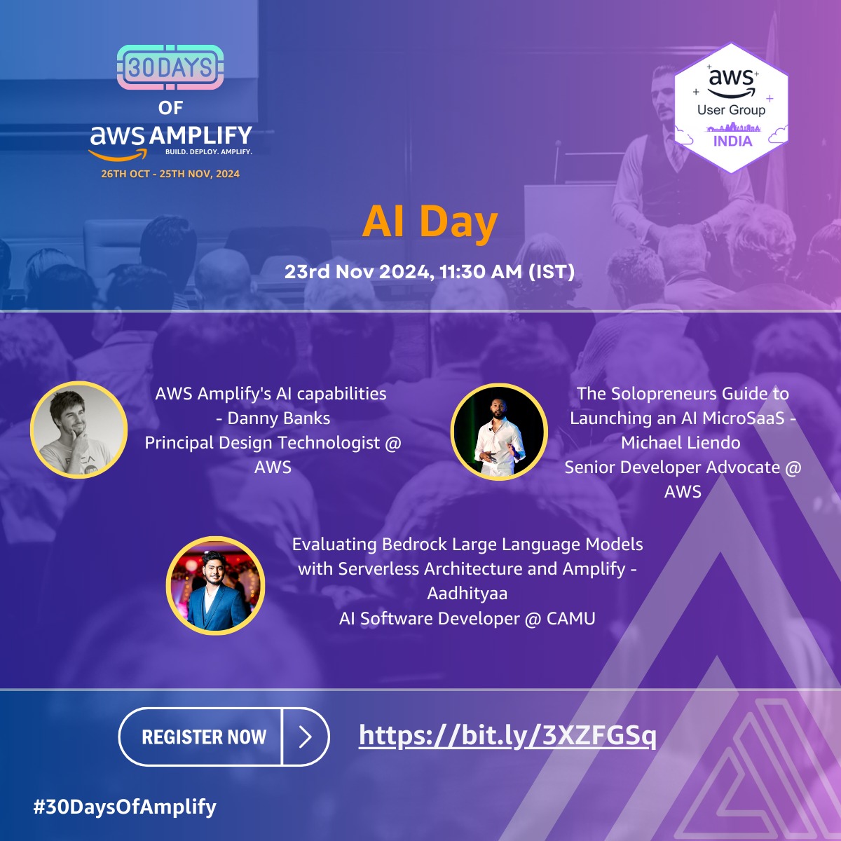 AWS User Group India (@awsugindia) on Twitter photo ๐ Join us for AI Day!
๐๏ธ 23rd Nov 2024, 11:30 AM IST
๐น AWS Amplify's AI Capabilities - Danny Banks
๐น Launching an AI MicroSaaS - Michael Liendo
๐น Bedrock LLMs with Amplify & Serverless - Aadhityaa
๐ Register now: konfhub.com/30-days-of-ampโฆ
<a href="/AWSAmplify/">AWS Amplify</a> #AI #AWSAmplify ๐ Join us for AI Day!
๐๏ธ 23rd Nov 2024, 11:30 AM IST
๐น AWS Amplify's AI Capabilities - Danny Banks
๐น Launching an AI MicroSaaS - Michael Liendo
๐น Bedrock LLMs with Amplify & Serverless - Aadhityaa
๐ Register now: konfhub.com/30-days-of-ampโฆ
<a href="/AWSAmplify/">AWS Amplify</a> #AI #AWSAmplify