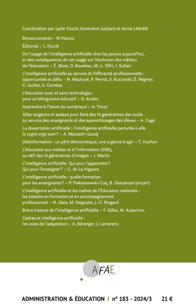 A.F.A.E. (@afae_fr) on Twitter photo "École et intelligence artificielle : je t'aime, moi non plus ?"
N°183 de la revue Administration & Éducation, avec notamment des contributions de Daniel Andler,
<a href="/AgatheCage/">Agathe Cage</a>, <a href="/ThomasHuchon/">Thomas Huchon</a>, @andre_tricot...
Sommaire et commande en ligne : afae.fr/publications-n… "École et intelligence artificielle : je t'aime, moi non plus ?"
N°183 de la revue Administration & Éducation, avec notamment des contributions de Daniel Andler,
<a href="/AgatheCage/">Agathe Cage</a>, <a href="/ThomasHuchon/">Thomas Huchon</a>, @andre_tricot...
Sommaire et commande en ligne : afae.fr/publications-n…