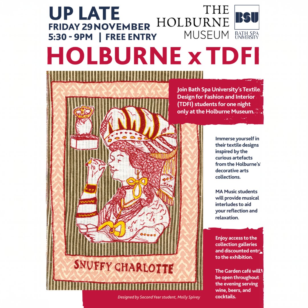 Bath Spa Live (@bathspalive) on Twitter photo UP LATE <a href="/Holburne/">The Holburne Museum</a> Museum - 29th of Nov, 5.30 to 9 PM. See our textile students response to the museum, explore the galleries for FREE and take advantage of discounted special exhibition tickets. (No booking needed) UP LATE <a href="/Holburne/">The Holburne Museum</a> Museum - 29th of Nov, 5.30 to 9 PM. See our textile students response to the museum, explore the galleries for FREE and take advantage of discounted special exhibition tickets. (No booking needed)