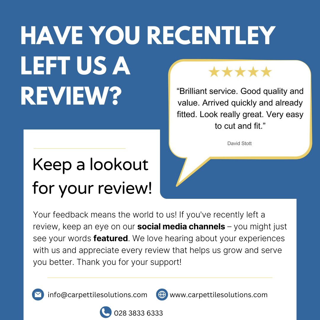 Have you left us a review recently? 👀 Your feedback could be featured on our social channels! Keep a look out for your review on the platforms below! 

Instagram - carpettilesolutions
Facebook  - Carpet Tile Solutions Ltd

#CustomerService #CarpetTiles #Flooring