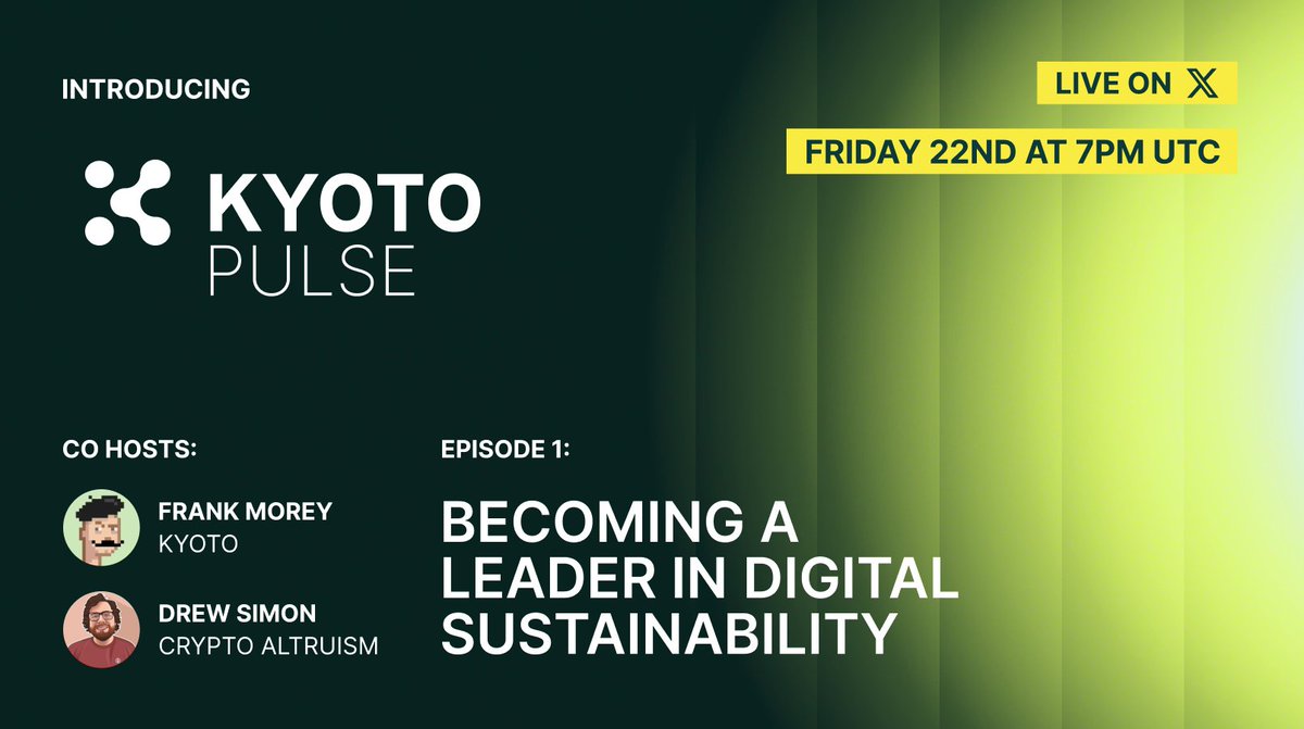 📢Join us tonight at 7PM UTC to hear from our founder, <a href="/innerape/">ape</a> and <a href="/Crypto_Altruism/">Crypto Altruists</a>'s Drew Simon as they explore Kyoto's mission to lead the charge in digital #sustainability.🌱

🎙️ Don’t miss it! 👉x.com/i/spaces/1MnGn…

$KYOTO #KyotoBlockchain #KyotoTGE