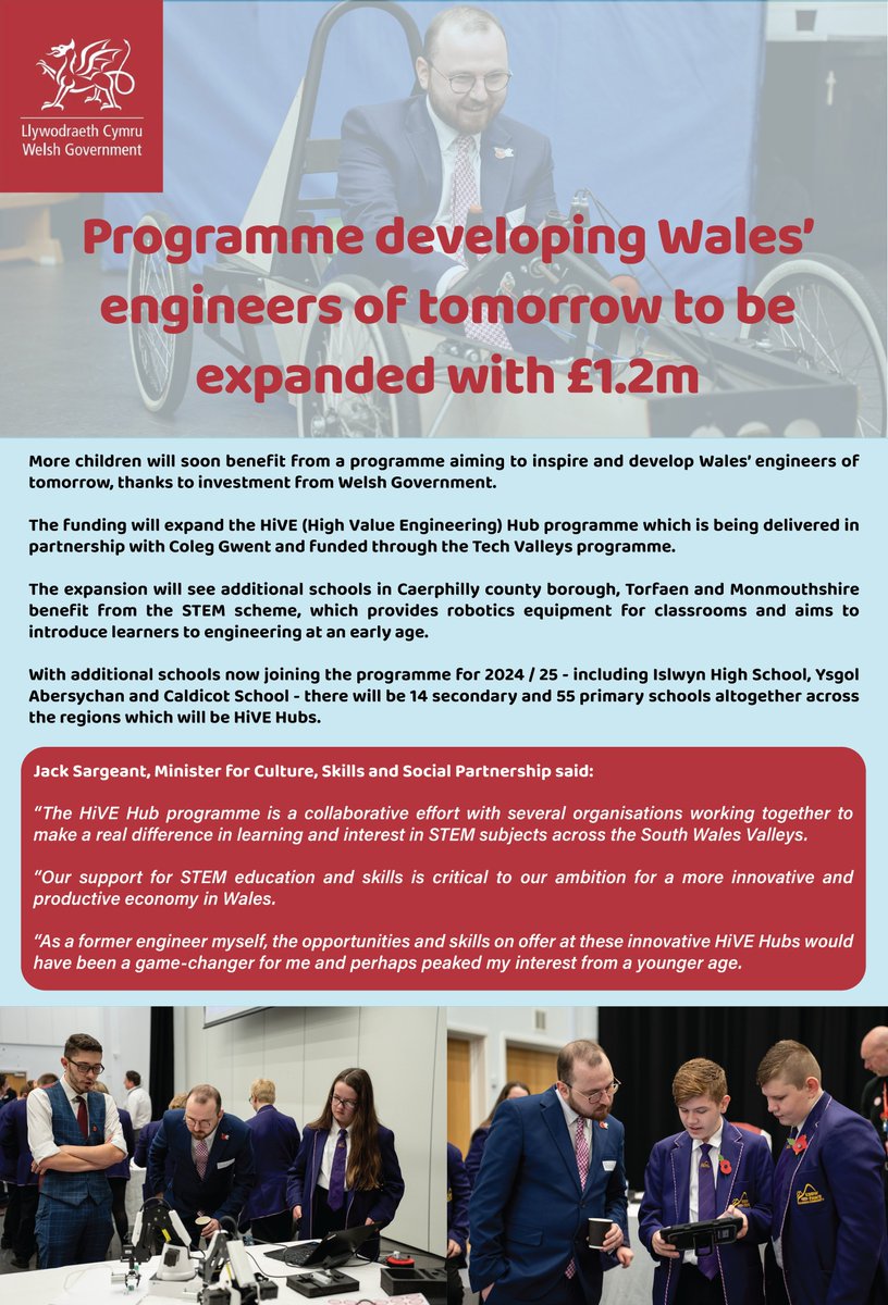 More children will soon benefit from a programme aiming to inspire and develop Wales’ engineers of tomorrow, thanks to a £1.2 million investment from Welsh Government.

See link for full press release: media.service.gov.wales/.../programme-…...

#welshgovernment #wales