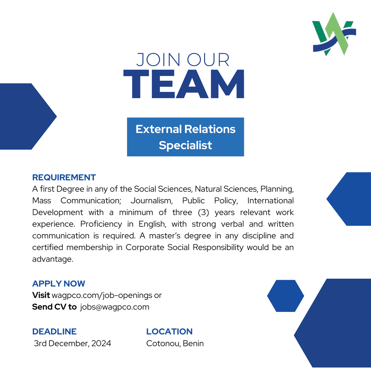 OneWAPCo's tweet photo. Are you a seasoned External Relations Specialist with a talent for building strong stakeholder relationships and driving impactful community engagements?
๐บ๏ธ๐ Location: Lome, Togo & Cotonou, Benin.
Click here to apply:ย https://t.co/JdyUIihHlW
#OneWAPCo #DrivingRegionalEnergy https://t.co/aG7h1nDzRA