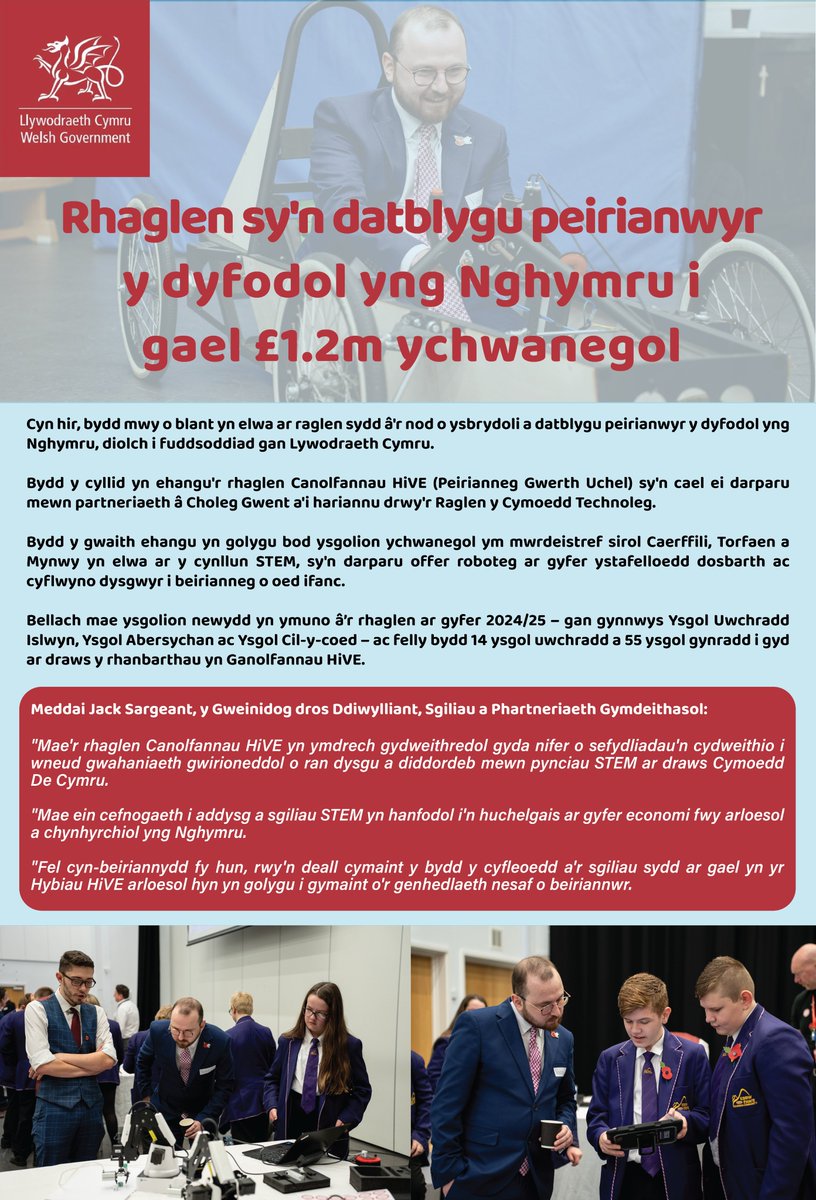 Cyn hir, bydd mwy o blant yn elwa ar raglen sydd â'r nod o ysbrydoli a datblygu peirianwyr y dyfodol yng Nghymru, diolch i fuddsoddiad o £1.2 miliwn gan Lywodraeth Cymru.

Gweler y cyswllt i'r datganiad i'r wasg llawn: cyfryngau.gwasanaeth.llyw.cymru/.../rhaglen-syn...

#llywodraethcymru #Cymru