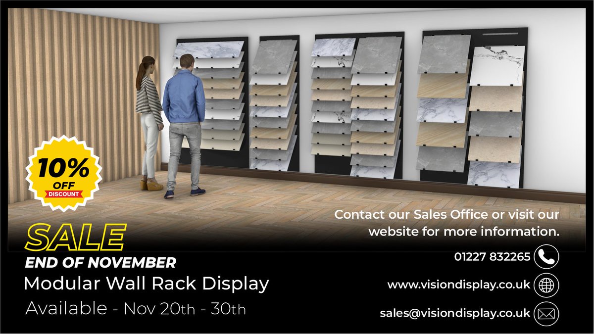vision_display's tweet image. 🎉 November Offer 🎉
Our Modular Wall Rack Display is 10% off this month!

A fully customizable way to showcase tiles on a wall!

Act fast as offer ends November 30th.

#TileDisplay #NovemberSpecial #Wallrack #specialoffer #tile #flooring #planks