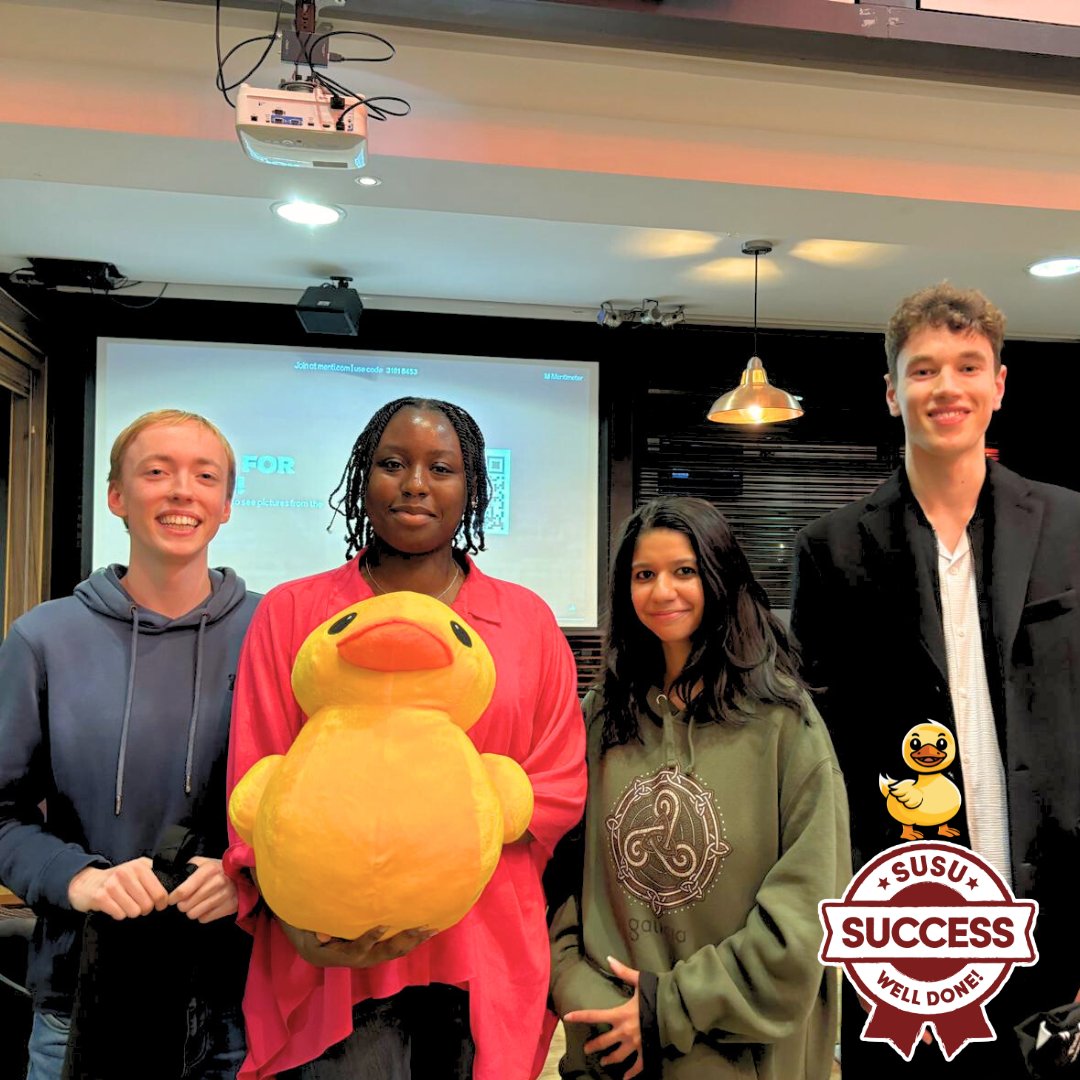 The Representation team ran a very successful rep social last week! They had around 200 reps over the evening joining them for pizza, chips and a quiz. 
Congrats to all of the teams and well done to ‘ECS123’ for winning the duck at the last moment! 😀#SUSUSuccess