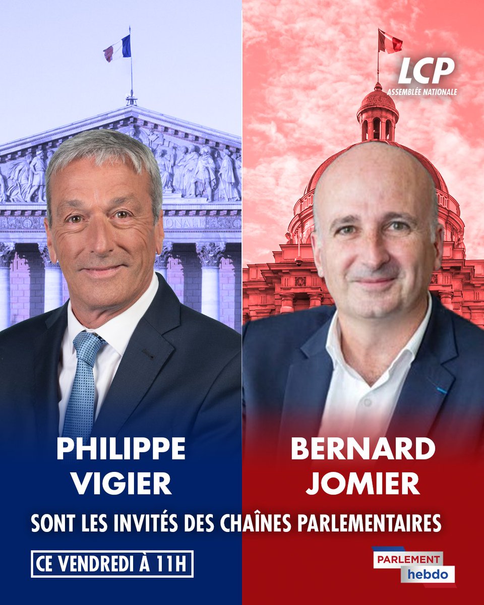 LCP (@lcp) on Twitter photo 🏛️Ce matin dans #ParlementHebdo, <a href="/KathiaGilder/">GILDER</a> & <a href="/APoussart/">Alexandre Poussart</a> (<a href="/publicsenat/">Public Sénat</a>) reçoivent :
👉<a href="/VigierPhilippe/">Philippe Vigier</a>, député <a href="/DeputesDem/">Les Démocrates</a> d'Eure-et-Loir
👉 <a href="/BernardJomier/">Bernard Jomier</a>, sénateur <a href="/senateursPS/">Sénatrices et sénateurs socialistes 🇪🇺</a> de Paris
📺à 11h sur le #canal13 🏛️Ce matin dans #ParlementHebdo, <a href="/KathiaGilder/">GILDER</a> & <a href="/APoussart/">Alexandre Poussart</a> (<a href="/publicsenat/">Public Sénat</a>) reçoivent :
👉<a href="/VigierPhilippe/">Philippe Vigier</a>, député <a href="/DeputesDem/">Les Démocrates</a> d'Eure-et-Loir
👉 <a href="/BernardJomier/">Bernard Jomier</a>, sénateur <a href="/senateursPS/">Sénatrices et sénateurs socialistes 🇪🇺</a> de Paris
📺à 11h sur le #canal13