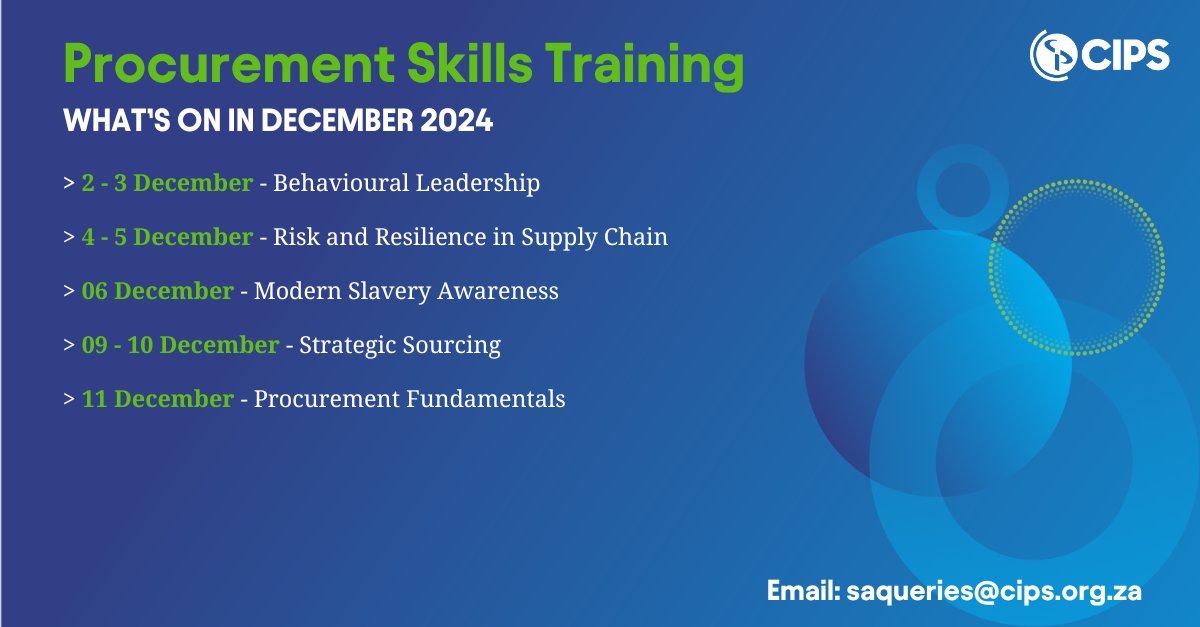 𝗘𝗻𝗱 𝘁𝗵𝗲 𝘆𝗲𝗮𝗿 𝘀𝘁𝗿𝗼𝗻𝗴 𝘄𝗶𝘁𝗵 𝗖𝗜𝗣𝗦 𝘀𝗽𝗲𝗰𝗶𝗮𝗹𝗶𝘀𝗲𝗱 𝘁𝗿𝗮𝗶𝗻𝗶𝗻𝗴!

For a detailed course outline and formal quotation, reach out to us at SAQueries@cips.org.za.

Secure your spot today!

#SkillsTraining #Procurement #SupplyChain #CareerGrowth