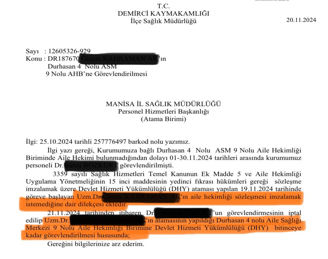 Bildiğiniz üzere 119. DHY’de aile hekimliği uzmanları usulsüz bir şekilde direkt olarak ASM birimlerine atanmıştı ve sendikamız tarafından buna dava açılmıştı. 

Manisa Demirci İlçe Sağlık Müdürlüğü Durhasan Aile Sağlığı Merkezi 9 Nolu Aile Hekimliği Birimi’ne atanan