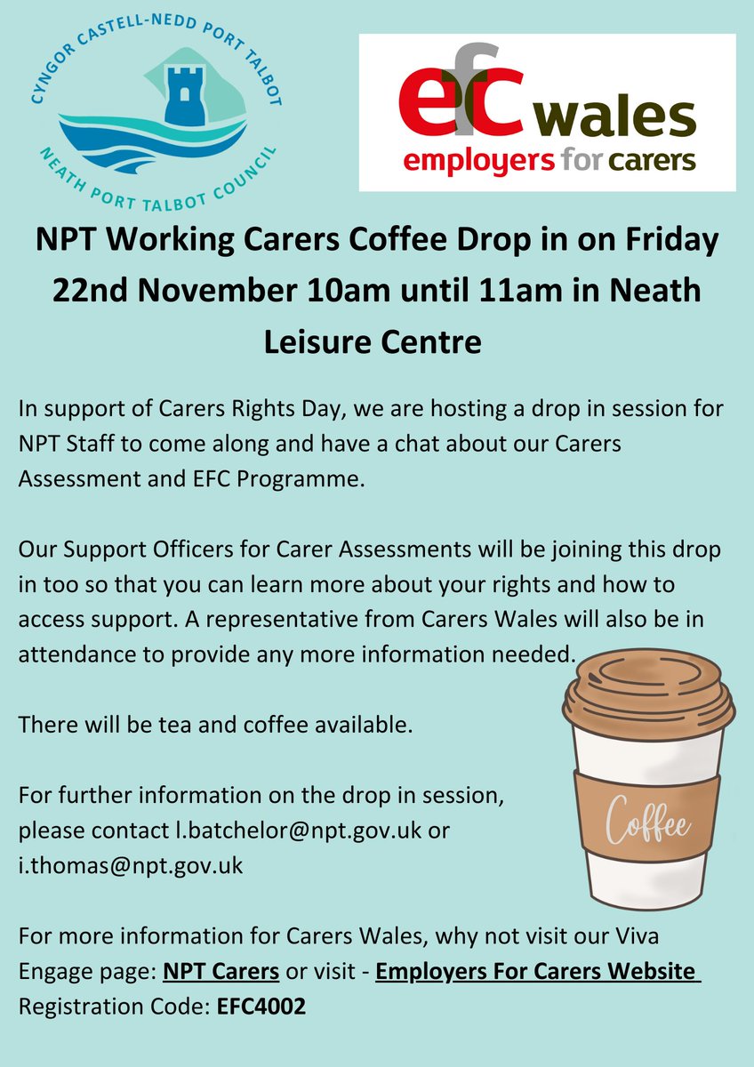 Happening today!  NPT Working Carers Drop-in Session at Neath Leisure Centre