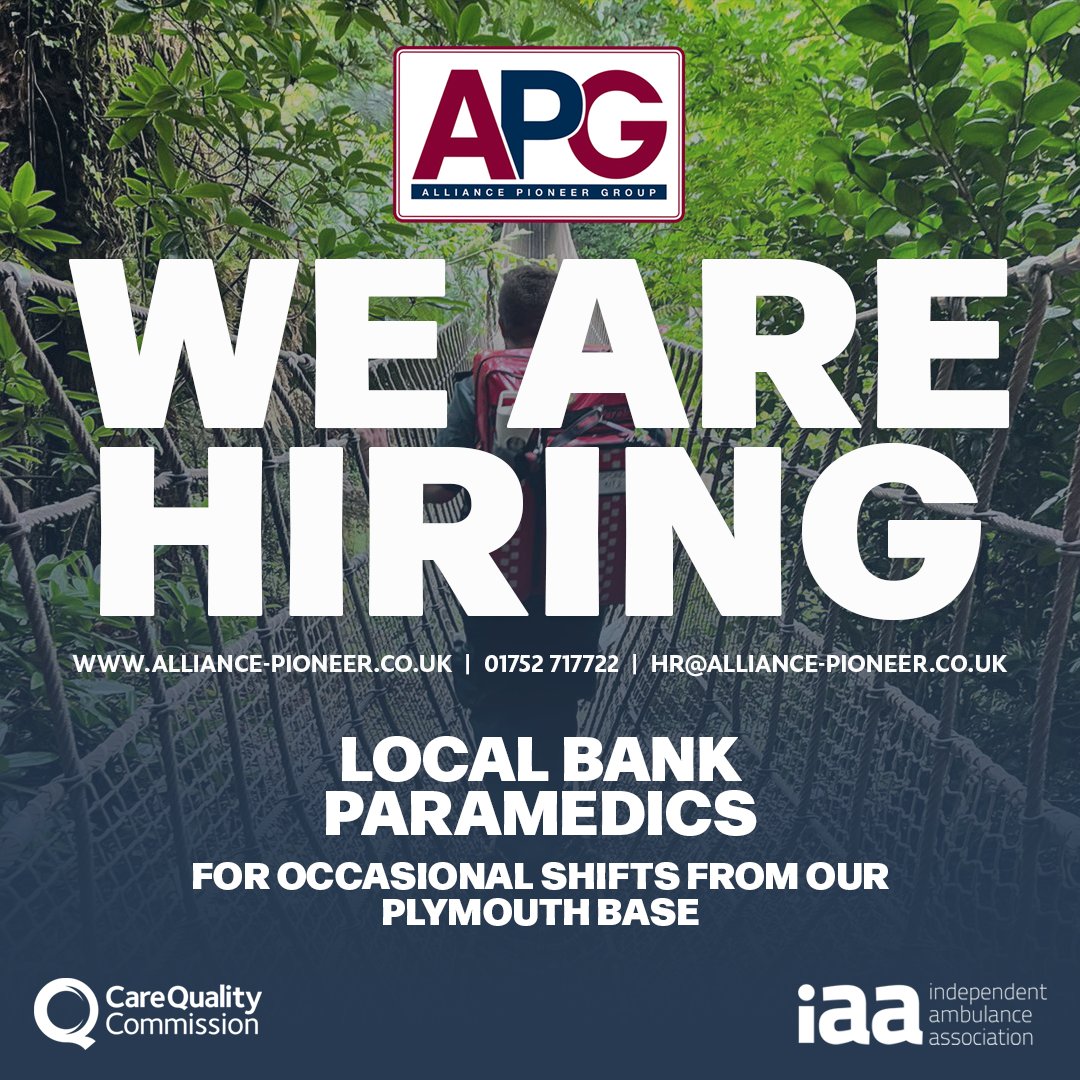 Alliance Pioneer Group (@alliancepguk) on Twitter photo π¨ Unlock your potential with #TeamAPG today! We're looking for local bank Paramedics to join our team!
Contact us on 01752 717722 or by email at hr@alliance-pioneer.co.uk to apply or learn more! π¨ Unlock your potential with #TeamAPG today! We're looking for local bank Paramedics to join our team!
Contact us on 01752 717722 or by email at hr@alliance-pioneer.co.uk to apply or learn more!