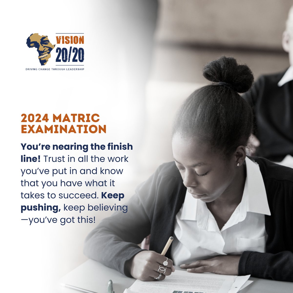 Vision2020_IF's tweet image. As matriculants prepare to write their final exam today, we encourage them to approach this challenge with confidence and be reminded that they have the knowledge, and skills to succeed.

#DrivingChangeThroughLeadership
#Examination2024
#MakeADifference
