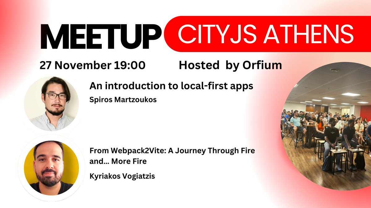 cityjsconf's tweet image. Next week we got a warmup meetup part of #CityJSAthens with two talks 

@martzoukos on #localfirst apps 
@KyVogiatzis  on #webpack to @vite_js  

Get your tickets now
athens.cityjsconf.org