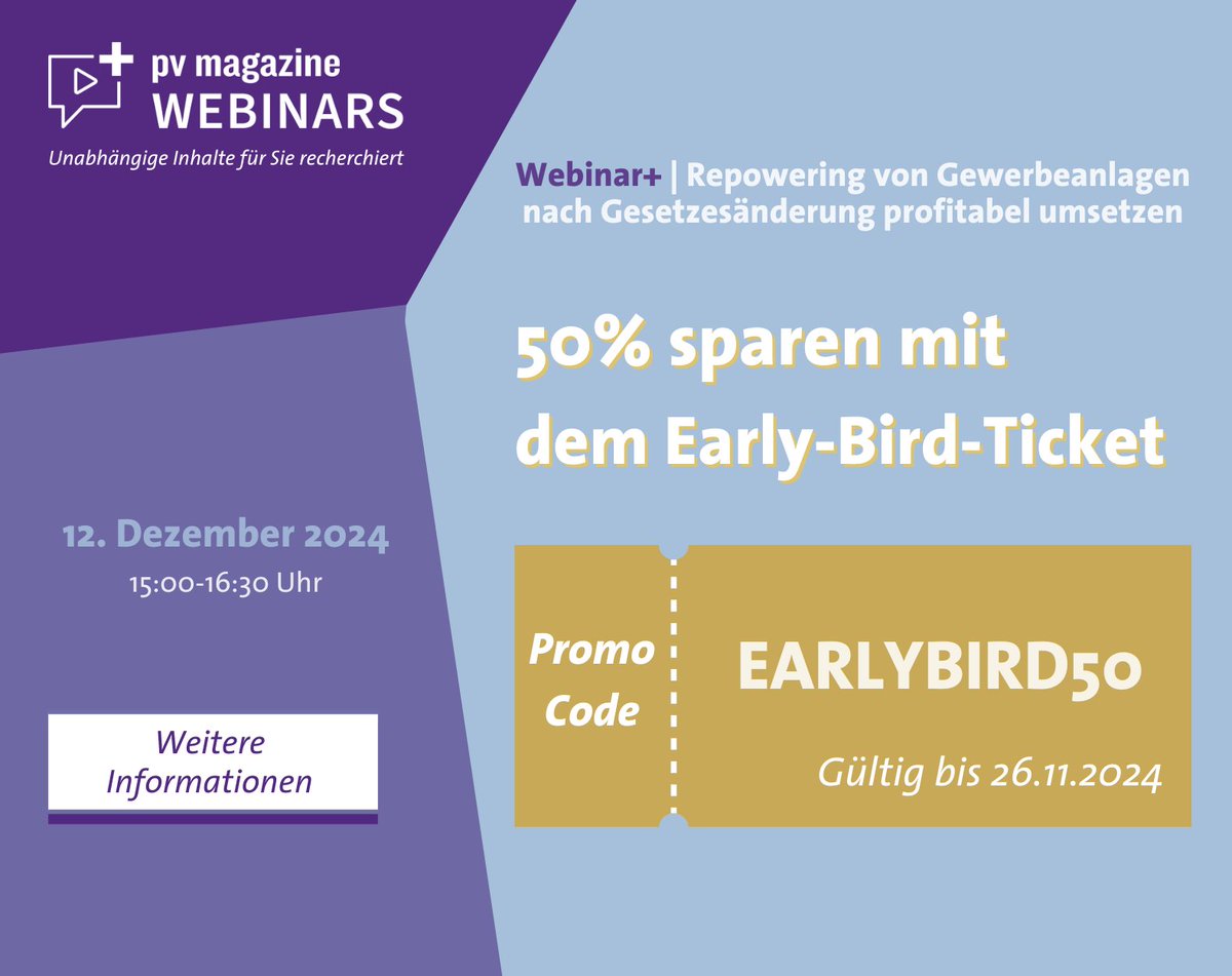 Ältere Gewerbe-Dachanlagen bieten großes Repowering-Potenzial. Im kostenpflichtigen pv magazine Webinar Plus am 12. Dezember erhalten Sie unabhängigen, speziell recherchierten Inhalt von Branchenexperten – ein direkter Service für Ihre tägliche Arbeit. 👉 bit.ly/3CP1yZD