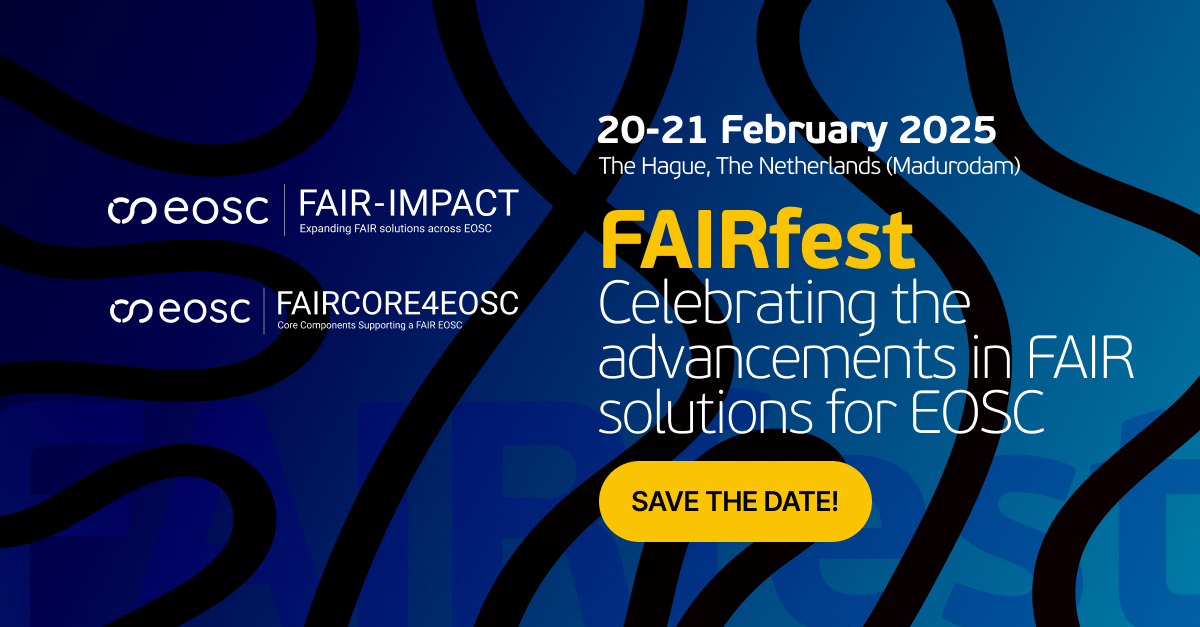 fairimpact_eu's tweet photo. 🎉 Join us at #FAIRfest 2025!
📅 20–21 February 2025
📍 The Hague, Netherlands

📣 Be part of a vibrant celebration with @fairimpact_eu &amp; @FAIRCORE4EOSC, showcasing the latest #FAIRsolutions in the European #OpenScience #EOSC landscape.

🔗 Register now!
https://t.co/lnzF7VG1Go https://t.co/Db5jh7bsNq