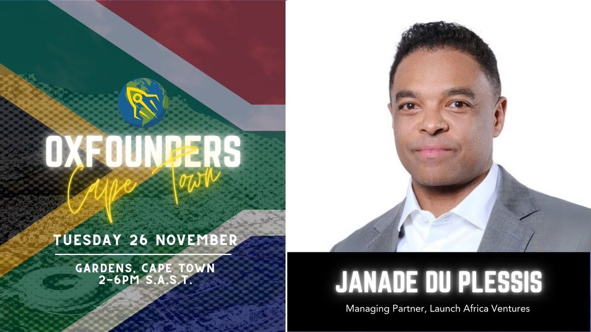 Launch Africa Ventures (@launchafricavc) on Twitter photo 🚀 Excited to share that Janade du Plessis, our Managing Partner, will judge the OxFounders Global <a href="/OxFoundersGlob/">Oxford Founders Global</a> x Cape Town Pitch Event on Nov 26!
🎤 10 top impact startups.
🌍 Global investors & leaders.
⏳ Founders: Apply by Nov 23!
🔗 Sign up: oxfounders.global/cape-town 🚀 Excited to share that Janade du Plessis, our Managing Partner, will judge the OxFounders Global <a href="/OxFoundersGlob/">Oxford Founders Global</a> x Cape Town Pitch Event on Nov 26!
🎤 10 top impact startups.
🌍 Global investors & leaders.
⏳ Founders: Apply by Nov 23!
🔗 Sign up: oxfounders.global/cape-town