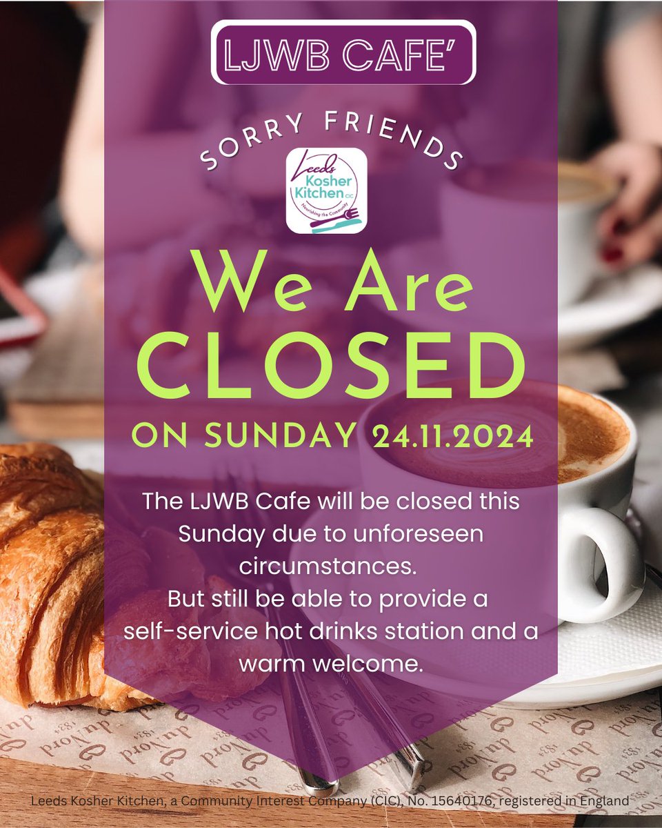 The LJWB Cafe will be closed this Sunday due to unforeseen circumstances. But we will still be able to provide a self-service hot drinks station and a warm welcome.