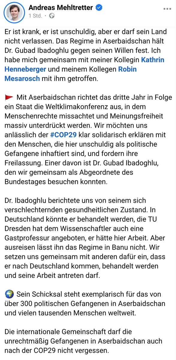 Er ist krank, er ist unschuldig, aber er darf sein Land nicht verlassen. Das Regime in Aserbaidschan hält Dr. Gubad Ibadoghlu gegen seinen Willen fest. Ich habe mich gemeinsam mit <a href="/KathrinAnna/">Kathrin Henneberger</a> und <a href="/mesarosch/">Robin Mesarosch</a> mit ihm getroffen.

#freegubad #freethemall #COP29