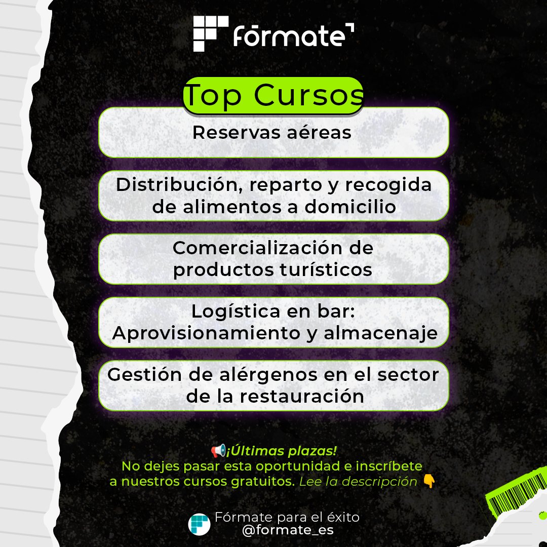 🍴Top Cursos Noviembre 🗓️ ¡Especial para el sector Hostelería y Turismo! 🌍✨ 📌 Últimas plazas disponibles. ¡No pierdas esta oportunidad para destacar en tu carrera! ¡Apúntate hoy!🚀 tinyurl.com/bdcwwr56 #cursosonline #cursosgratuitos #cursosgratis #gratis #Formate_es