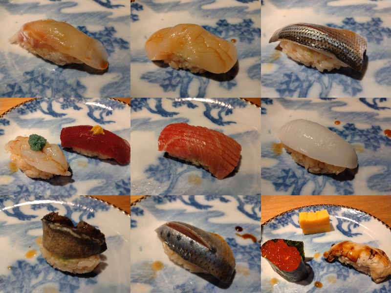 NewVegeta2020's tweet photo. おまかせにぎり／11貫

マダイ、帆立、小肌、
（ボタンエビ、まぐろ（漬け））、中トロ、イカ
煮アワビ、イワシ（塩〆）、（イクラ、玉子、アナゴ）

#山治
#立喰すし魚河岸
#虎ノ門ヒルズ https://t.co/cD2OX34cgS