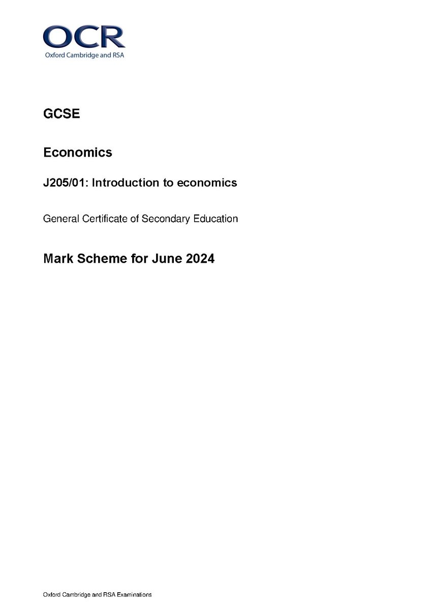 CimonSein411's tweet image. hackedexams.com/item/37052/ocr…
OCR GCSE Economics Mark Scheme Paper 1 2024 J205 01 Introduction To Economics
#OCRGCSEEconomicsMarkSchemePaper1  #OCRGCSEEconomicsMarkScheme #OCRGCSEEconomics #gcseeconomics #economics #ocreconomics #hackedexams