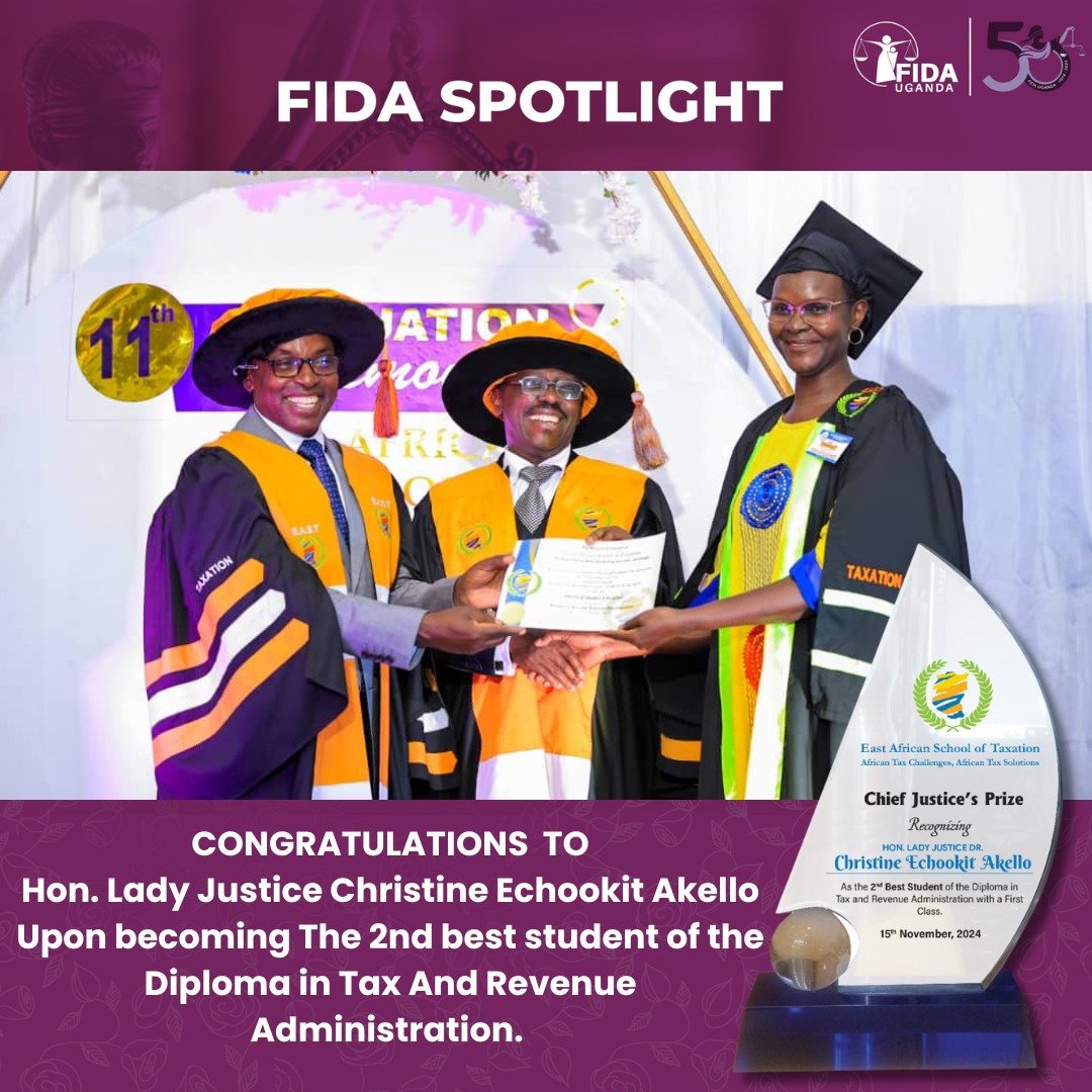A huge shout-out to Hon. Lady Justice Christine Echookit Akello for her outstanding accomplishments:
🏅 2nd Best Student in the Diploma in Taxation and Revenue Administration from the East African School of Taxation
🏆 Recipient of the Chief Justice’s Prize

As a High Court Judge