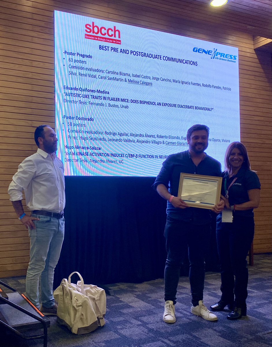 Premios estudiantes de pregrado/magíster y doctorado.

Mejor Comunicación Póster Doctorado

Hugo Almarza-Salazar
"c-Abl KINASE ACTIVATION INDUCES C/EBP-B FUNCTION IN NEURO
Director Tesis: Alejandra Alvarez, UC