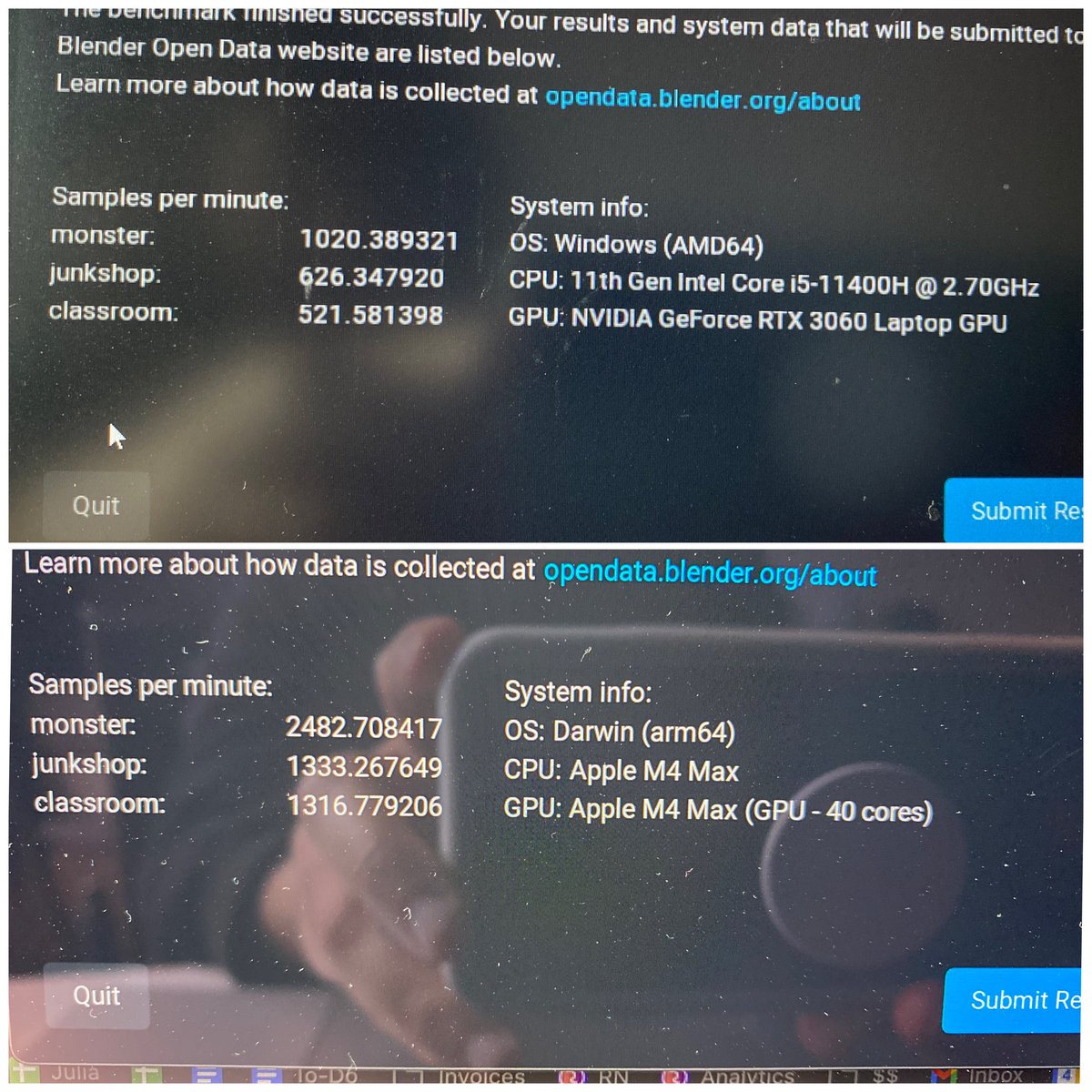 ogprinceeagle's tweet photo. Testing the M4 Max MacBook vs my RTX 3060 laptop:

•MacBook (on battery): many tabs + another app, dead silent.

•3060 laptop (plugged in, turbo mode): nothing open, sounded like a jet engine.

Apple’s efficiency is unreal.

#Blender #M4 #MacbookPro https://t.co/15mteWBRVT