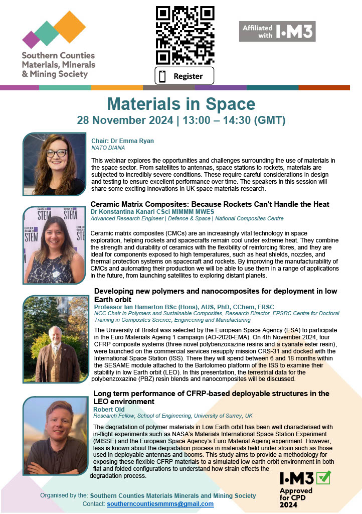 Southern Counties Materials, Minerals and Mining (@scmmms) on Twitter photo Final webinar of 2024 - "Materials in Space" 🛰 🚀
Thursday 28th Nov 13:00 - 14:30
We'll be discussing innovations like ceramic matrix composites for rockets, the International Space Station, and deployables in low earth orbit
Sign up free 👇
docs.google.com/forms/d/e/1FAI…
<a href="/iom3/">The Institute of Materials, Minerals & Mining</a> Final webinar of 2024 - "Materials in Space" 🛰 🚀
Thursday 28th Nov 13:00 - 14:30
We'll be discussing innovations like ceramic matrix composites for rockets, the International Space Station, and deployables in low earth orbit
Sign up free 👇
docs.google.com/forms/d/e/1FAI…
<a href="/iom3/">The Institute of Materials, Minerals & Mining</a>