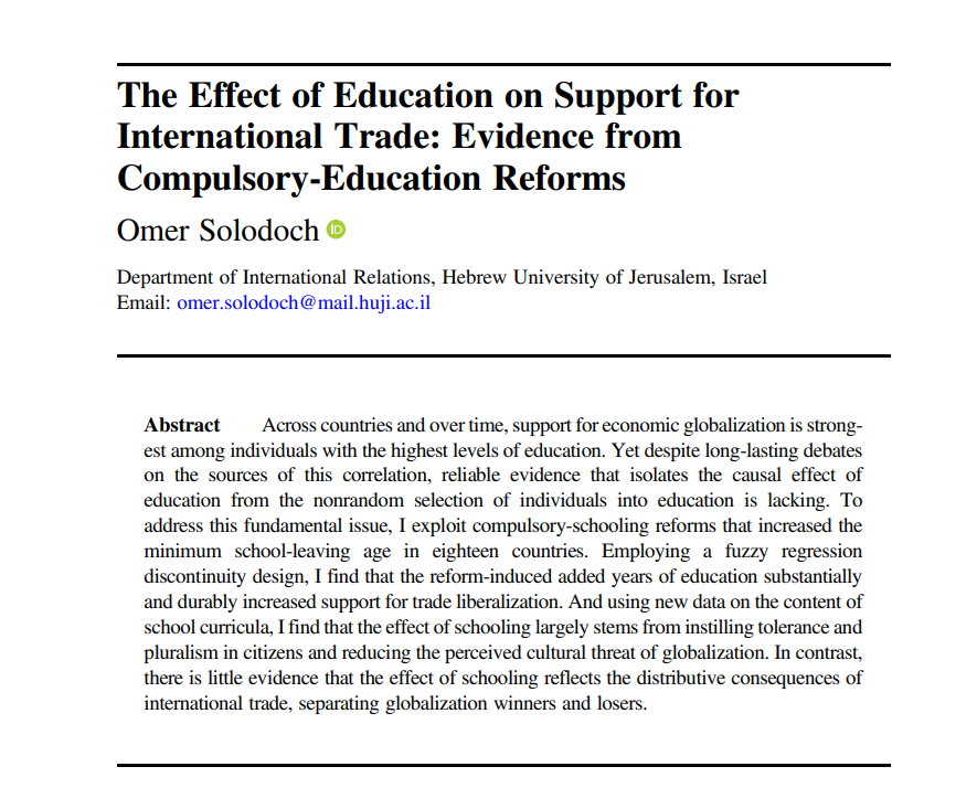 Omer Solodoch (@solo_omer) on Twitter photo Out now open access at <a href="/IntOrgJournal/">International Organization</a>.
link: cup.org/3OgYaJL
Education is one of the clearest lines dividing supporters and critics of economic globalization and international trade. But whether this robust correlation stems from nonrandom selection
1/5 Out now open access at <a href="/IntOrgJournal/">International Organization</a>.
link: cup.org/3OgYaJL
Education is one of the clearest lines dividing supporters and critics of economic globalization and international trade. But whether this robust correlation stems from nonrandom selection
1/5