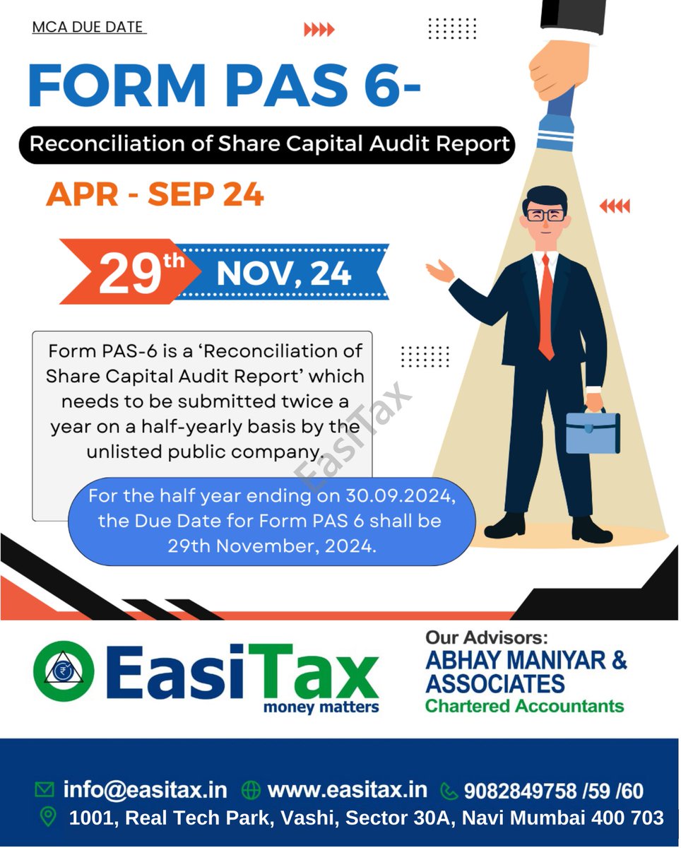 EASiTax's tweet image. #FormPAS6 is a Reconciliation of #ShareCapital #Audit Report that unlisted public companies and private limited companies (other than small companies) must submit on a half-yearly basis.

easitax.in

#easitax
#corporatecompliance
#Finance #ShareCapital
#AuditReport