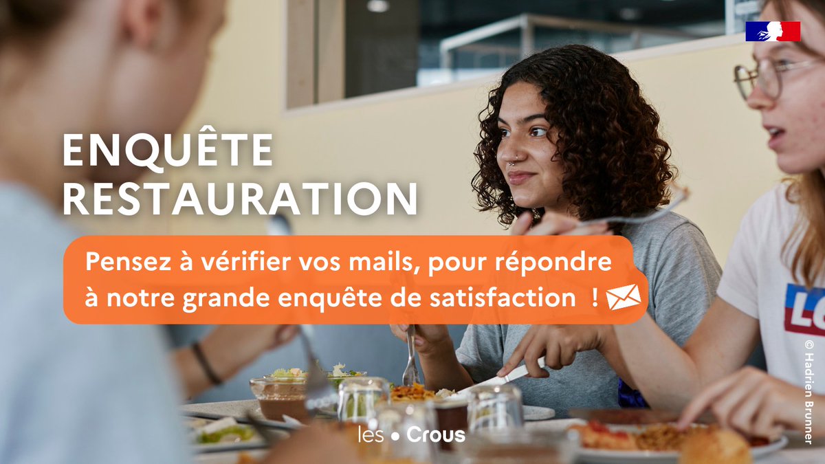 Crous Lyon (@crouslyon) on Twitter photo Envie de nous faire vos retours sur notre offre de restauration ?  C'est le moment ! 🚨
Rendez-vous dans votre boite mail pour participer à notre enquête et nous aider à améliorer nos restaurants et cafétérias 🙏✉ Envie de nous faire vos retours sur notre offre de restauration ?  C'est le moment ! 🚨
Rendez-vous dans votre boite mail pour participer à notre enquête et nous aider à améliorer nos restaurants et cafétérias 🙏✉