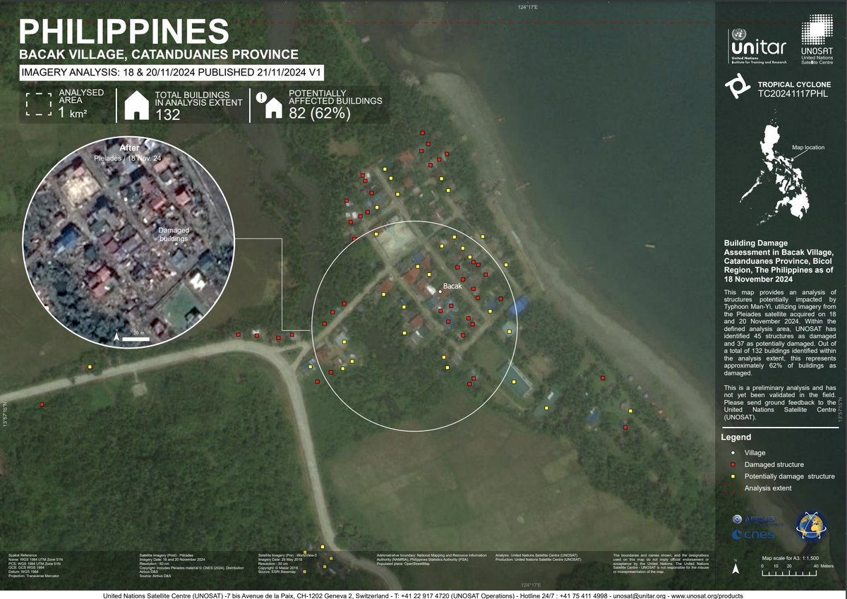 UNOSAT's tweet image. 🇵🇭 Impact Update: Bacak Village, Catanduanes, Philippines (18-20 Nov 2024) — Satellite analysis reveals 45 damaged and 37 potentially damaged structures (62% of total buildings) due to Typhoon Man-Yi.

📸unosat.org/products/4036

#Philippines #DisasterUpdate #UNOSAT #EMS
