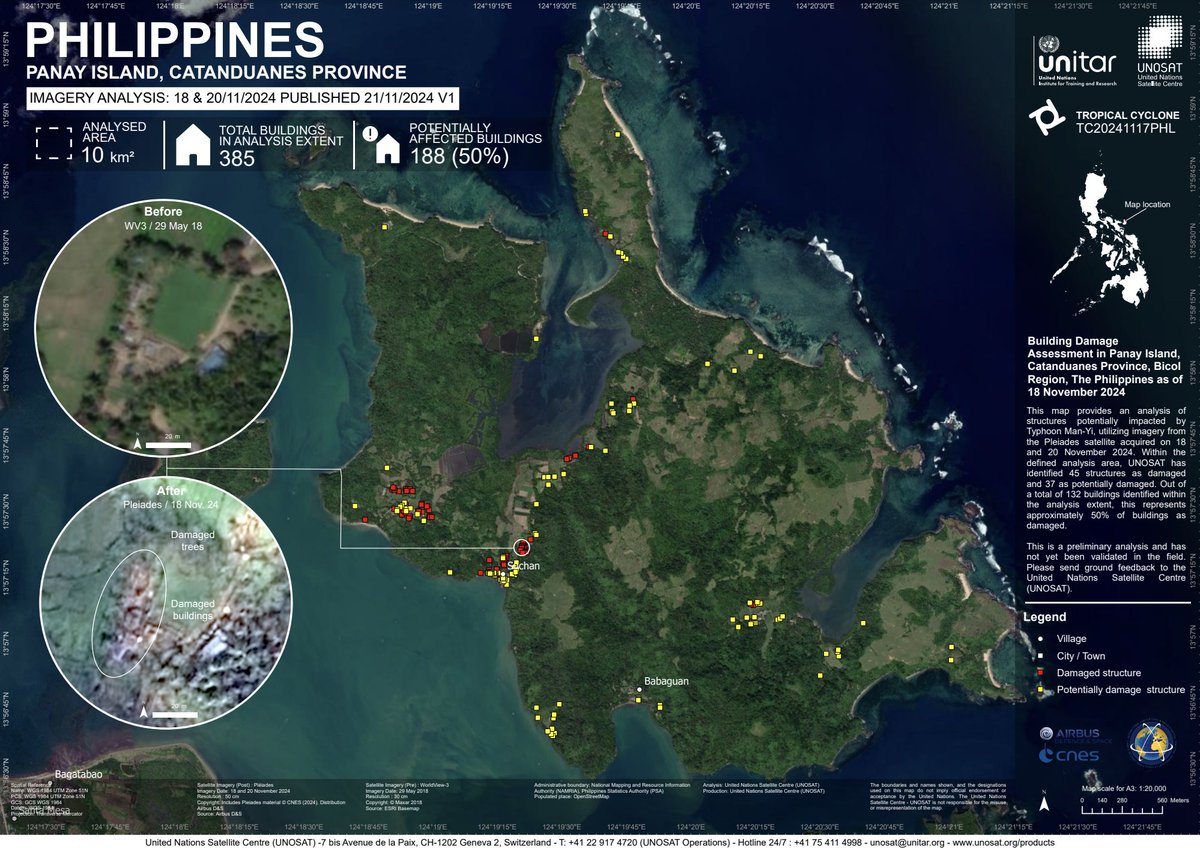 UNOSAT's tweet image. 🇵🇭 Impact Update: Panay Island, Catanduanes, Philippines (18-20 Nov 2024) — Satellite analysis reveals 45 damaged and 37 potentially damaged structures (50% of total buildings) due to Typhoon Man-Yi.

📸unosat.org/products/4037

#Philippines #DisasterUpdate #UNOSAT #EMS