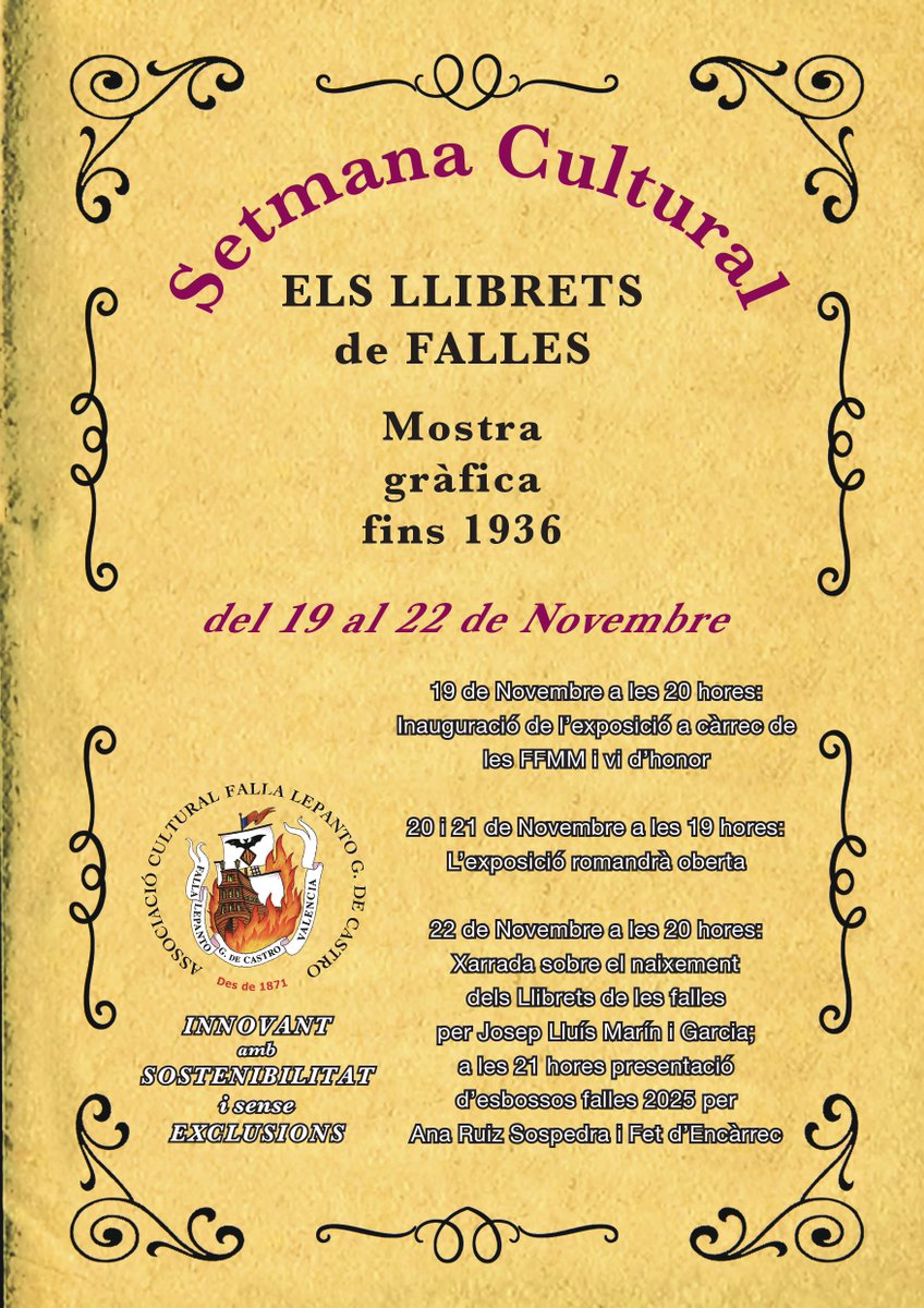 estudisfallers's tweet photo. La @FallaLepanto clausura hui, 22 de novembre, la seua setmana cultural, dedicada als #llibrets de #falles amb una xarrada del nostre company @joseplmarin sobre el naixement d'estes publicacions. https://t.co/rgAIJxHOq2
