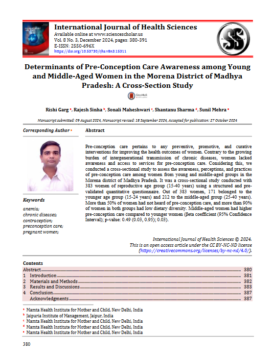 MamtaHIMC's tweet photo. Continuing with our emphasis on research and evidence generation, we have now published the 126th paper which appeared in the International Journal of Health Sciences. 
Pre-conception care pertains to any preventive, promotive, and curative interventions for improving the health outcomes of women. Contrary to the growing burden of intergenerational transmission of chronic diseases, women lacked awareness and access to services or pre-conception care. Considering this, we conducted a cross-sectional study to assess the awareness, perceptions, and practices of pre-conception care among women from young and middle-aged groups in the Morena district of Madhya Pradesh. 
Read the paper here: https://t.co/FXyQaW594G
