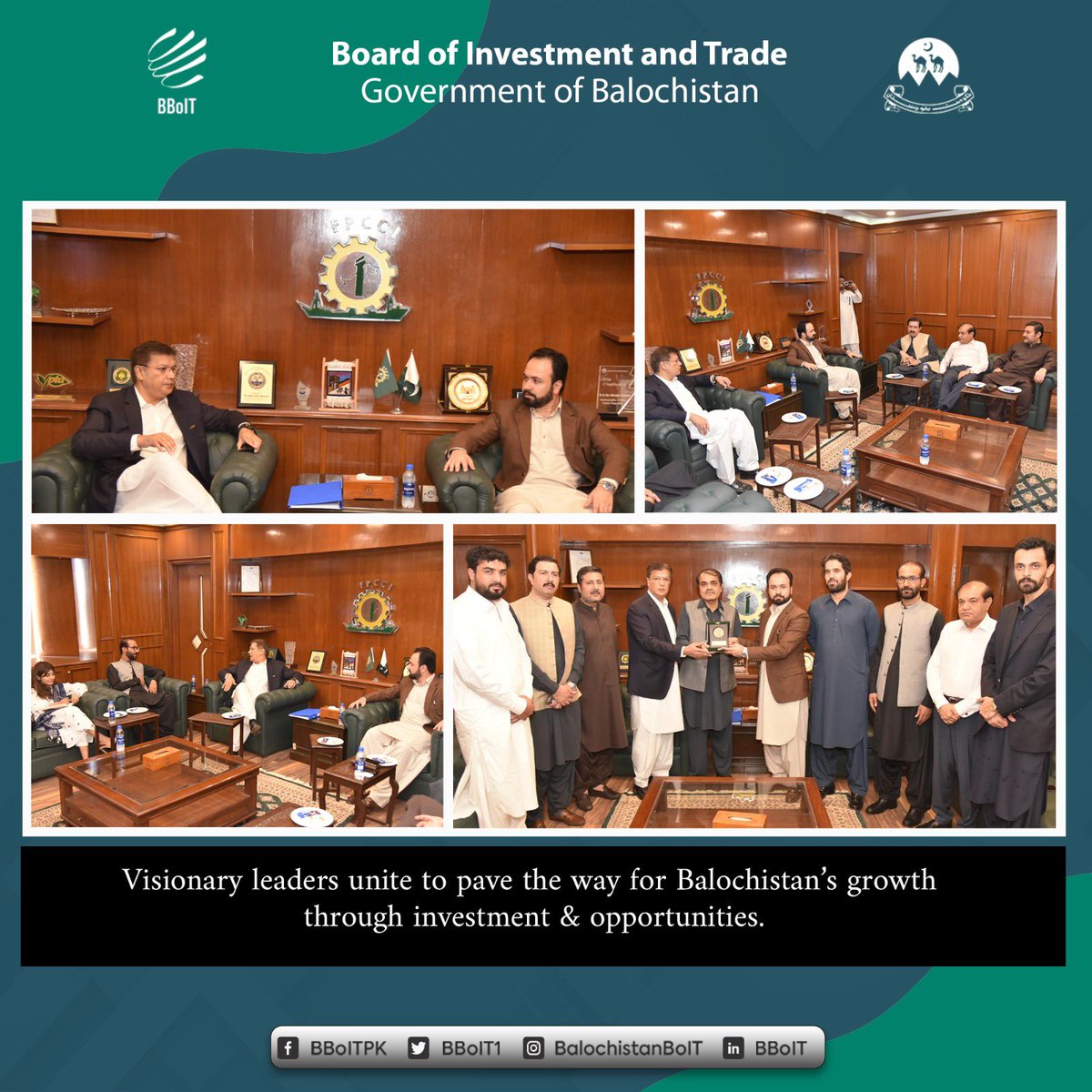 BBoIT1's tweet photo. FPCCI hosted key leaders incl. Vice Chairman #bboit Mr. Bilal Kakar, S.M. Tanveer (UBG), Alauddin Marri (ex-CM), &amp; Mian Zahid Hussain (FPCCI) to discuss Balochistan Investment Summit, focusing on growth, investment &amp; scholarships for students. 

#Balochistan #InvestmentSummit https://t.co/r4dvMXZP3E
