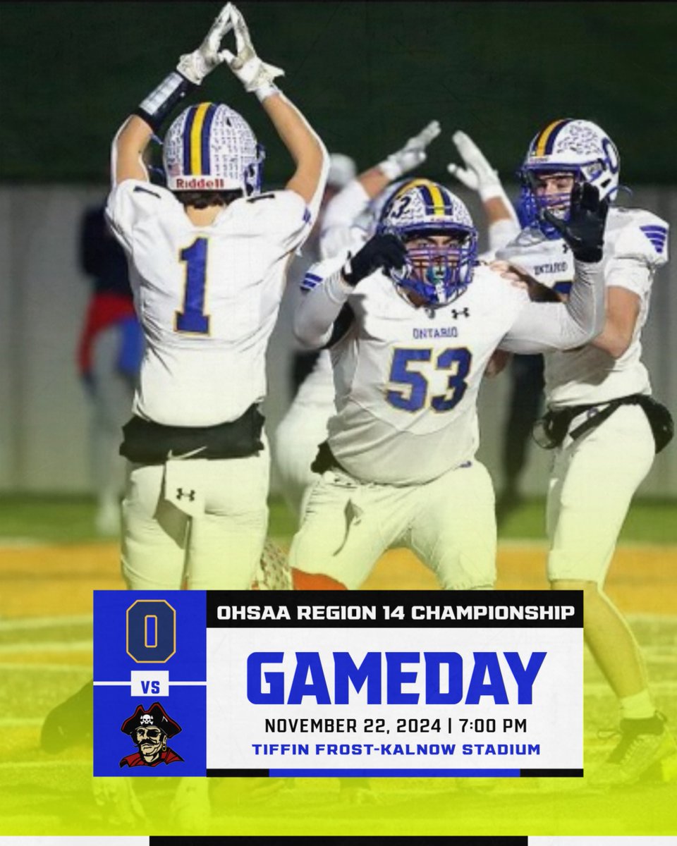 #Week14
ONTARIO (12-1) vs PERKINS (12-1)
SITE: Tiffin Columbian High School 
GATES OPEN: 5:30 PM
TICKETS: ohsaa.org/tickets
STREAM: wmfdsports.com (Ontario Channel)
RADIO: WMAN 98.3 FM &amp; 1400 AM