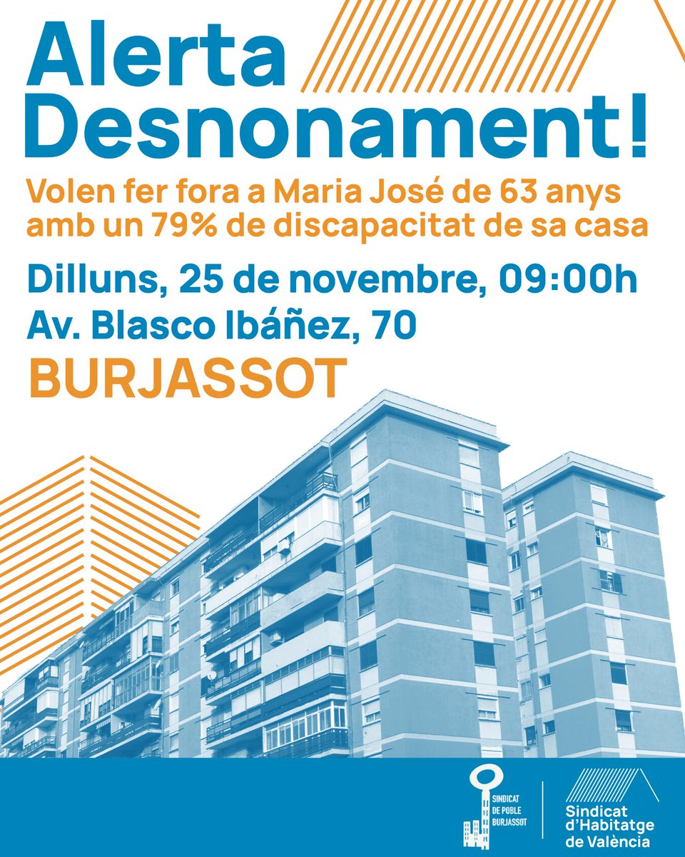 🔵 ALERTA DESNONAMENT 🔵

Un rendista vol fer fora a Maria José de sa casa. Una dona de 63 anys amb un alt grau de discapacitat que s'ha passat tota la seua vida treballant i ara pot quedar-se al carrer.

Defensar les nostres cases és defensar la nostra classe. Allí estarem! 💥