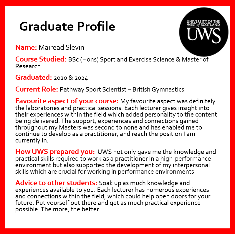 UWS Division of Sport Exercise & Health (@uws_sport) on Twitter photo 🎓 Graduate Profile 🎓
Next up in our graduate profiles series is <a href="/maireadslevin14/">Mairead Slevin</a> who is the Pathway Sport Scientist for <a href="/BritGymnastics/">British Gymnastics</a>
Reflecting on her own experience <a href="/UniWestScotland/">UWS</a>, Mairead shares helpful advice for our current students.
#UWSSportGradStories 🎓 Graduate Profile 🎓
Next up in our graduate profiles series is <a href="/maireadslevin14/">Mairead Slevin</a> who is the Pathway Sport Scientist for <a href="/BritGymnastics/">British Gymnastics</a>
Reflecting on her own experience <a href="/UniWestScotland/">UWS</a>, Mairead shares helpful advice for our current students.
#UWSSportGradStories