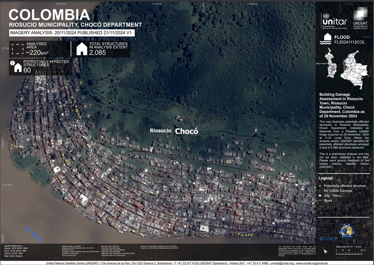 UNOSAT's tweet image. 🇨🇴 Damage Update: Chocó, Colombia (17 &amp;amp; 20 Nov 2024) — Bellavista: 13 affected, 3 potentially affected (out of 2,165). Riosucio: 60 potentially affected (out of 2,085).

📸unosat.org/products/4033

#Colombia #DisasterUpdate #UNOSAT #EMS
