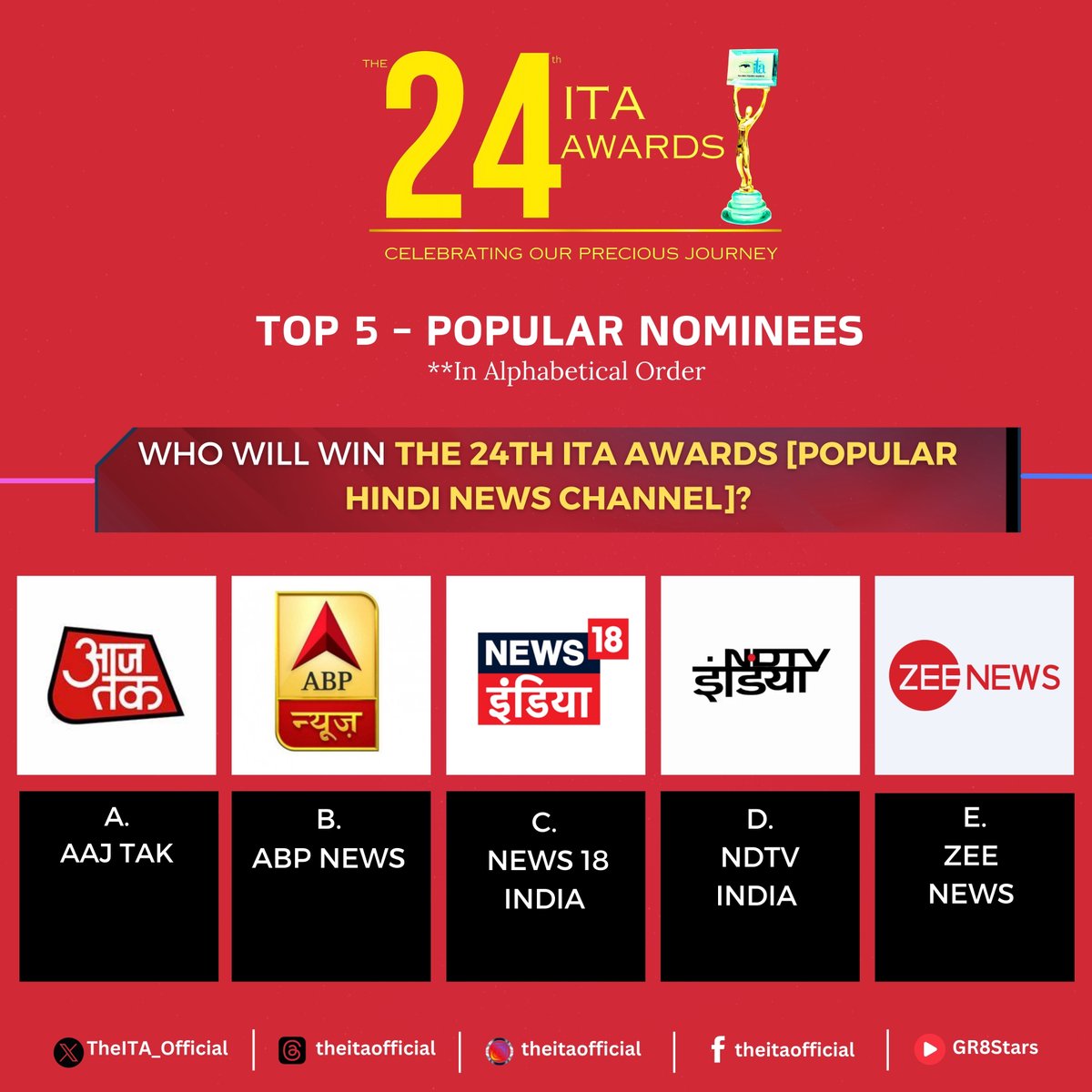 #ITAAwards (@theita_official) on Twitter photo Top 5 Nominees - Popular Hindi News Channel 
<a href="/ZeeNews/">Zee News</a>    <a href="/News18India/">News18 India</a>    <a href="/aajtak/">AajTak</a>    <a href="/ABPNews/">ABP News</a>    <a href="/ndtvindia/">NDTV India</a> 
#ITAAwards #ITA2024 Top 5 Nominees - Popular Hindi News Channel 
<a href="/ZeeNews/">Zee News</a>    <a href="/News18India/">News18 India</a>    <a href="/aajtak/">AajTak</a>    <a href="/ABPNews/">ABP News</a>    <a href="/ndtvindia/">NDTV India</a> 
#ITAAwards #ITA2024