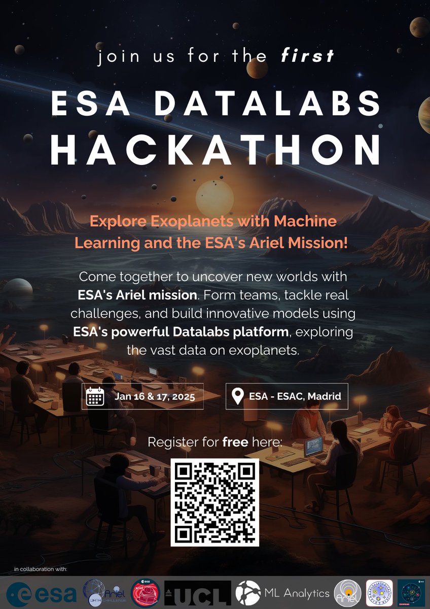 ESA Science (@esascience) on Twitter photo ๐ Dive into Space Science and Machine Learning by
joining us for the first ESA Datalabs Hackathon! 
This free, in-person event welcomes participants from all backgrounds - no prior experience needed! 
Come to learn, collaborate & innovate together with Machine Learning experts ๐ Dive into Space Science and Machine Learning by
joining us for the first ESA Datalabs Hackathon! 
This free, in-person event welcomes participants from all backgrounds - no prior experience needed! 
Come to learn, collaborate & innovate together with Machine Learning experts