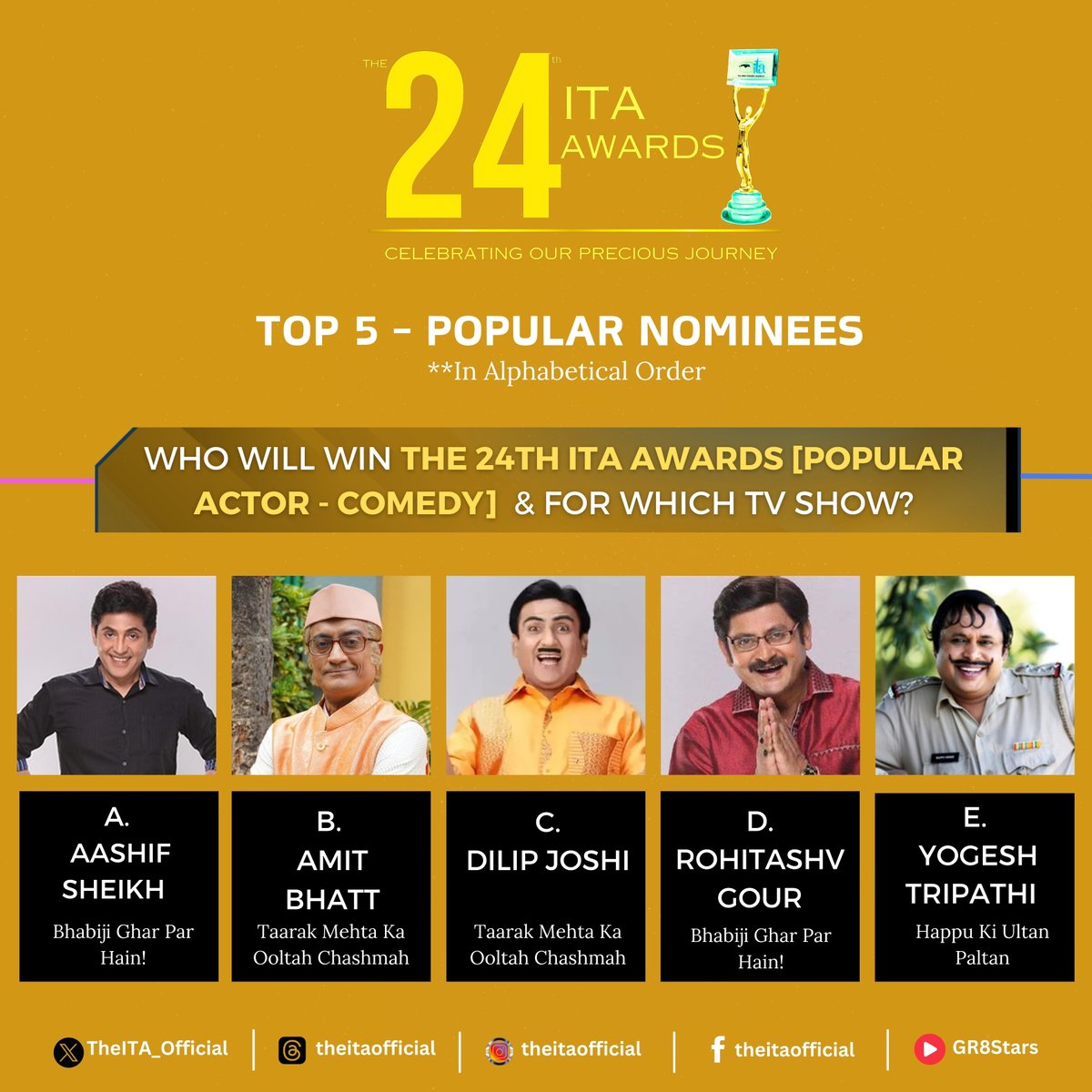 #ITAAwards (@theita_official) on Twitter photo Top 5 Nominees - Popular Actor Comedy TV 
#ITAAwards #ITA2024 Top 5 Nominees - Popular Actor Comedy TV 
#ITAAwards #ITA2024