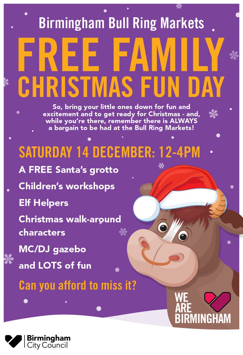 Everyone is invited to enjoy the Birmingham Bull Ring Markets Family Christmas Fun Day on Sat 14th Dec🥳 

🎅Join Santa and his Elf helper plus various Christmas characters on Edgbaston Street next to the Bull Ring Indoor Market, Bull Ring Rag Market and Bull Ring Open Market🎄