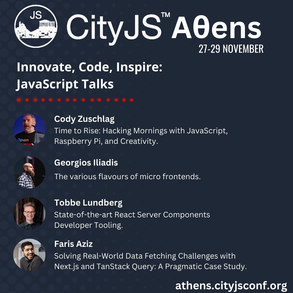CityJS Conferences (@cityjsconf) on Twitter photo Fancy to find out about
- hacking in the morning #raspberyPi w/ <a href="/codyzus/">Cody Zuschlag 📣 CityJS Athens</a>
- #microfrontends w/ <a href="/codyzus/">Cody Zuschlag 📣 CityJS Athens</a>
- #React Server Components w/ <a href="/tobbedotdev/">Tobbe Lundberg</a>
and #TanStack Query w/ #NextJS w/ <a href="/farisaziz12/">Faris Aziz</a>
All that next week
athens.cityjsconf.org Fancy to find out about
- hacking in the morning #raspberyPi w/ <a href="/codyzus/">Cody Zuschlag 📣 CityJS Athens</a>
- #microfrontends w/ <a href="/codyzus/">Cody Zuschlag 📣 CityJS Athens</a>
- #React Server Components w/ <a href="/tobbedotdev/">Tobbe Lundberg</a>
and #TanStack Query w/ #NextJS w/ <a href="/farisaziz12/">Faris Aziz</a>
All that next week
athens.cityjsconf.org