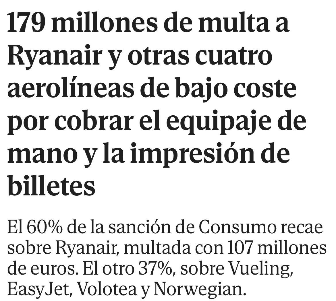 💥 Hoy se anuncian sanciones históricas por 179 millones de euros a 5 aerolíneas low-cost por prácticas abusivas: cobros por equipaje de mano, suplementos opacos y más.

Ningún modelo de negocio puede basarse en vulnerar derechos. Buen primer paso de <a href="/pbustinduy/">Pablo Bustinduy</a>