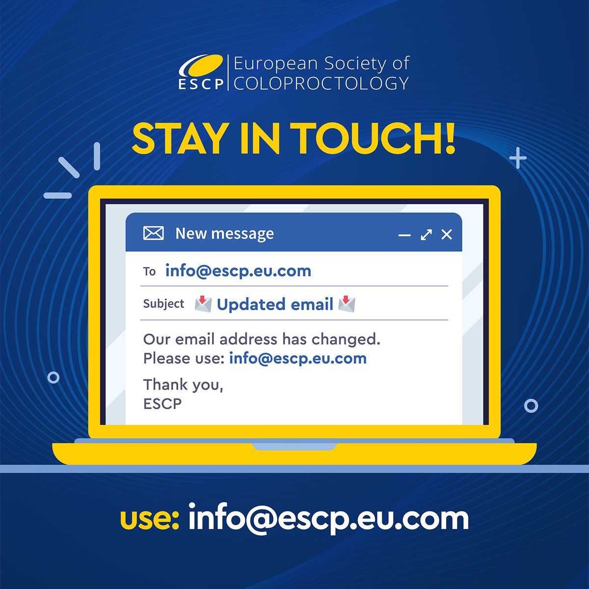 European Society of Coloproctology (@escp_tweets) on Twitter photo Stay in Touch! 🌍
⚠️ The ESCP Secretariat has a new email address 👇
📩 info@escp.eu.com
✒️ We’re excited to continue the conversation with our community 📧
#ESCP #Healthcare #Coloproctology Stay in Touch! 🌍
⚠️ The ESCP Secretariat has a new email address 👇
📩 info@escp.eu.com
✒️ We’re excited to continue the conversation with our community 📧
#ESCP #Healthcare #Coloproctology