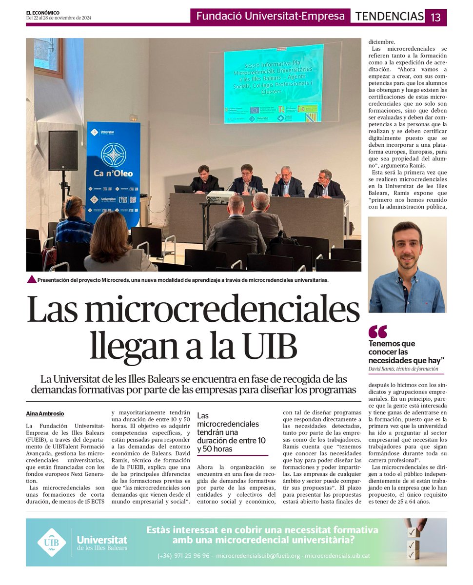 FUEIB (@fueib) on Twitter photo 🎯 La <a href="/UIBuniversitat/">Universitat de les Illes Balears - UIB</a> es troba en fase de recollida de demandes formatives d’empreses, entitats i col·lectius per crear #microcredencials universitàries.
Article d’ <a href="/ElEconomicoUH/">El Económico</a> amb l’entrevista a David Ramis, tècnic de Formació d’<a href="/UIBTalent/">UIBTalent</a>.
📃 bit.ly/40V44I4 🎯 La <a href="/UIBuniversitat/">Universitat de les Illes Balears - UIB</a> es troba en fase de recollida de demandes formatives d’empreses, entitats i col·lectius per crear #microcredencials universitàries.
Article d’ <a href="/ElEconomicoUH/">El Económico</a> amb l’entrevista a David Ramis, tècnic de Formació d’<a href="/UIBTalent/">UIBTalent</a>.
📃 bit.ly/40V44I4